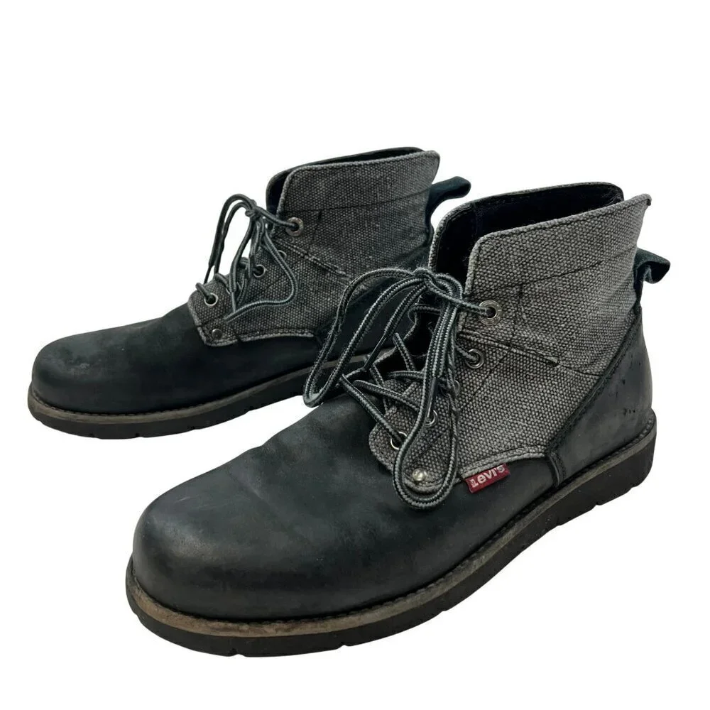Levi’s Men’s Lace Up Boots Black Leather Gray Textile Size 8.5